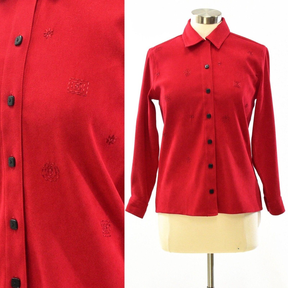 90s Vintage Red Tonal Embroidered Blouse Top Womens M Square Buttons